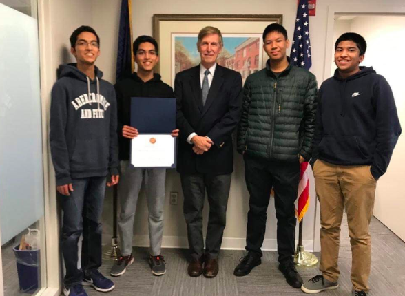 From left to right, Sagar Gupta, Sahil Gupta, Rep. Donald Beyer, Autin Mitra, Sumanth Ratna pose with Rep. Don Beyer, representative for Virginias 8th Congressional District. “Representative Beyer was welcoming and it was a once in a lifetime experience,” Sagar said.
