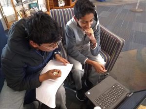 With the end of the second quarter quickly approaching, freshmen Aakash Vatti (left) and Raghav Tirumale (right) work on homework problems for Research Statistics 1 (RS 1). RS 1 is offered to freshmen in the fall semester, after which they take Jefferson’s unique math courses, such as Math 3. 
