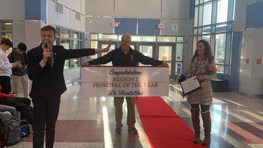 Dr. Fabio Zuluaga, assistant superintendent for Region 2 surprises Dr. Bonitatibus with the Region 2 Principal of the Year award. "Two and a half years ago I entered [Jefferson] with a dream that we would be leaders in bringing wellness and balance to the forefront of the [Jefferson] experience, without sacrificing academic excellence," Bonitatibus said. "I am truly humbled and honored to represent such an exceptional faculty, staff, student and parent community."