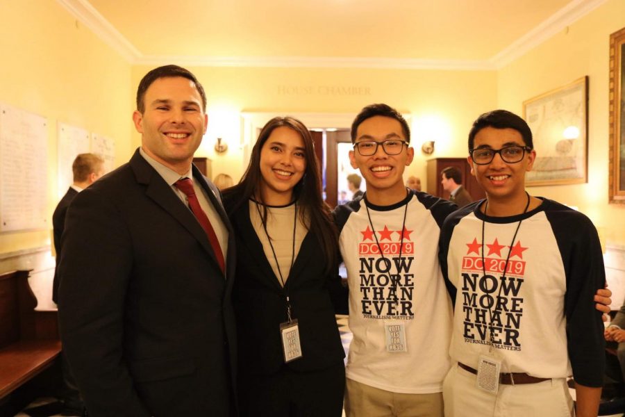 Junior Pratika Katiyar, junior Sean Nguyen, and senior Sid Ram meet with Del. Helmer. 