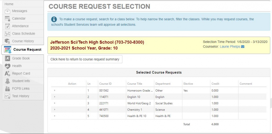 The “Course Request” tab in StudentVUE allows students to see which classes they’re enrolled in and request courses for next year.