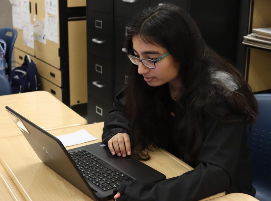 Freshman Krisha Pahwa finishes her congressional debate speech during school, giving her more time to pursue other interests and finish her homework. Many freshmen find it surprising that Jefferson has a wealth of humanities clubs in addition to STEM. “There are still a lot of opportunities to express your interest in non-STEM activities, which I guess isn’t expected in such a STEM-geared school,” Pahwa said. 
