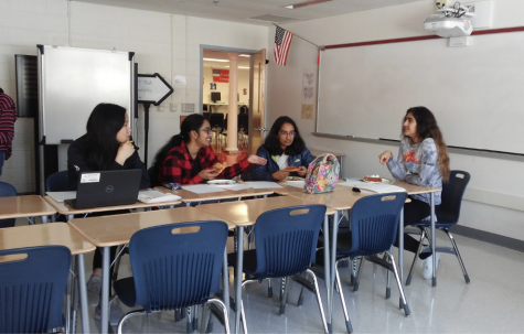 Juniors Caroline Chen, Shruti Rajesh, Meera Gupta, and Amber Garcha participate in a Challenge Success Student Forum. “[We hope] to find what teachers and the admin can do to help make the students’ lives better,” said Amber Garcha, leader of this forum, where students are encouraged to share ideas about how to improve Jefferson.
