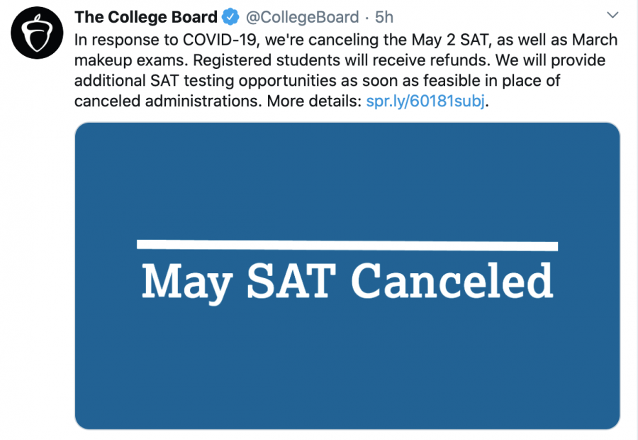 The statement posted by CollegeBoard in regards to the cancellation of upcoming SAT administrations.