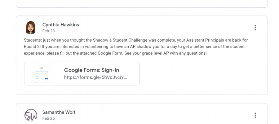 An announcement on Google Classroom about the assistant principals' new shadowing program. 