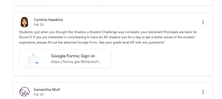 An announcement on Google Classroom about the assistant principals new shadowing program. 