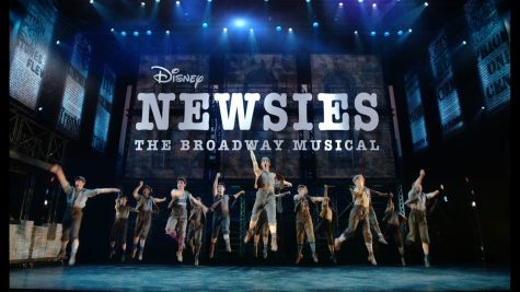 The Disney’s Newsies: The Broadway Musical cast jumps during the live recorded performance of Newsies. The Broadway musical itself won two Tony awards and toured nationwide. The musical was filmed live and came to limited theaters across the US, as well as being available on DVD and Disney+. 
