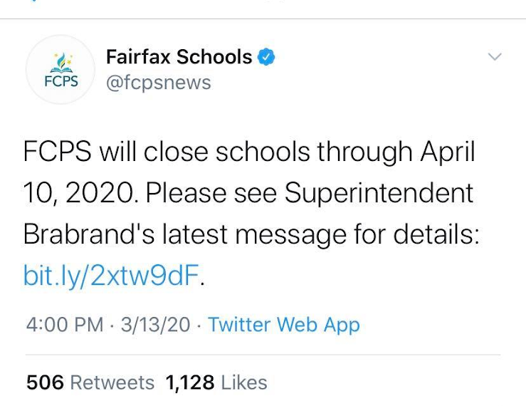 The tweet from FCPS that schools would be closed through April 10
