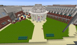 Pictured is the Jefferson dome entrance built in Minecraft. “The Minecraft replica is coming together really well,” junior Quentin Lovejoy said. ”Everything has worked out how we imagined.”
