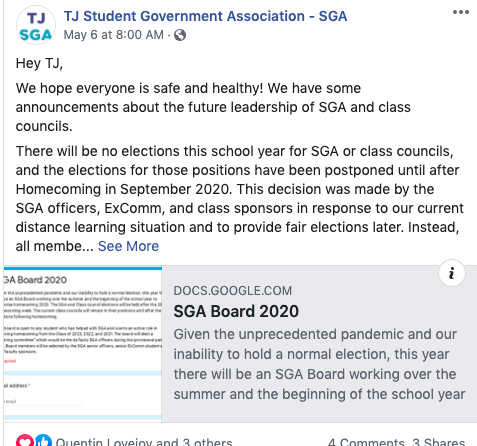 A Facebook post about election format change posted by Jefferson’s Student Government Association. “The new change is going to have some difficulties, but I am confident that the Jefferson students will not be disappointed with homecoming and the other school events,” SGA Treasurer Sean Nguyen said.
