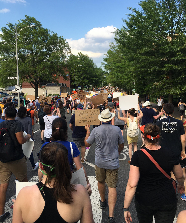 Protesters+stand+together+at+a+protest+in+Arlington%2C+holding+up+signs+and+marching+peacefully.