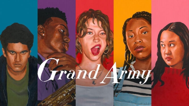 The poster for Grand Army featuring the five main characters: Siddarth, Jayson, Joey, Dominique, and Leila, from left to right.