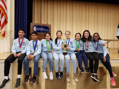 Sophomores Arnav Kadam, Manav Bharath, Richa Misra, Amy Wang, Miina Anvelt, Grace Guan, Emma Cox and Richa Gupta pose after a successful regional Science Olympiad tournament held in February of this year.