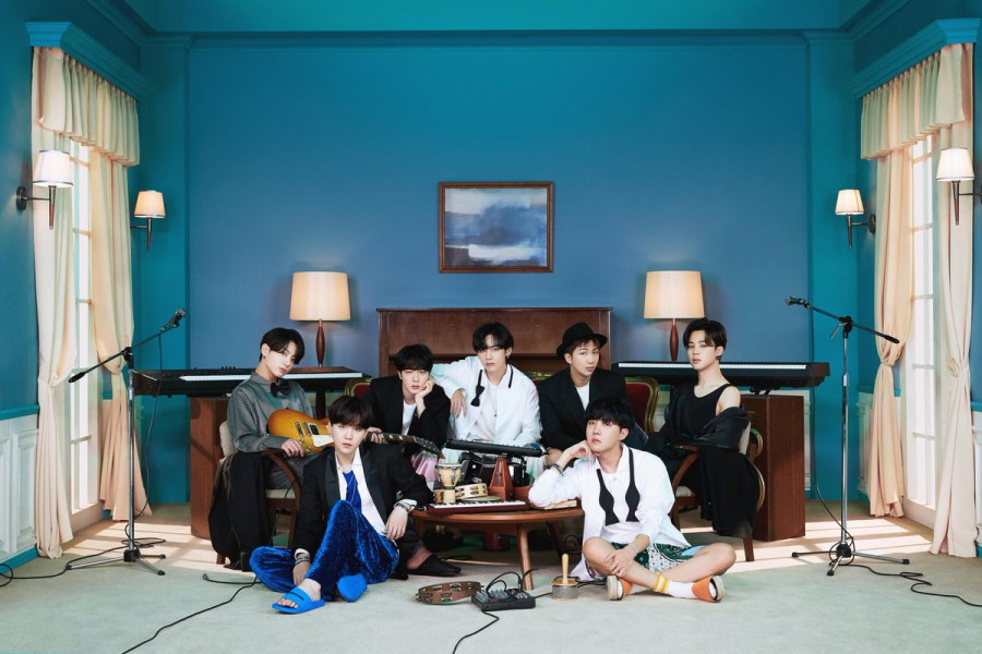 BTS’ album concept photo showcases the homely and uniquely “them” ambience of the album, with the bright but cool-toned colors, the symmetry of the room decor, and the asymmetry of the members. From left to right: Jungkook, Suga, Jin, V, RM, J-Hope, Jimin.