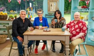 From left to right, Paul Hollywood, Prue Leith, Noel Fielding and Matt Lucas, the judges and presenters of season 11 of “The Great British Bake Off.” 