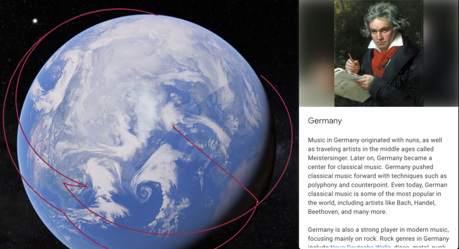 Senior Ryan Payne and Freshman Anusri Arun Prasath created an interactive Google Earth map to lead the club members around the world, looking at different countries’ musical history.  