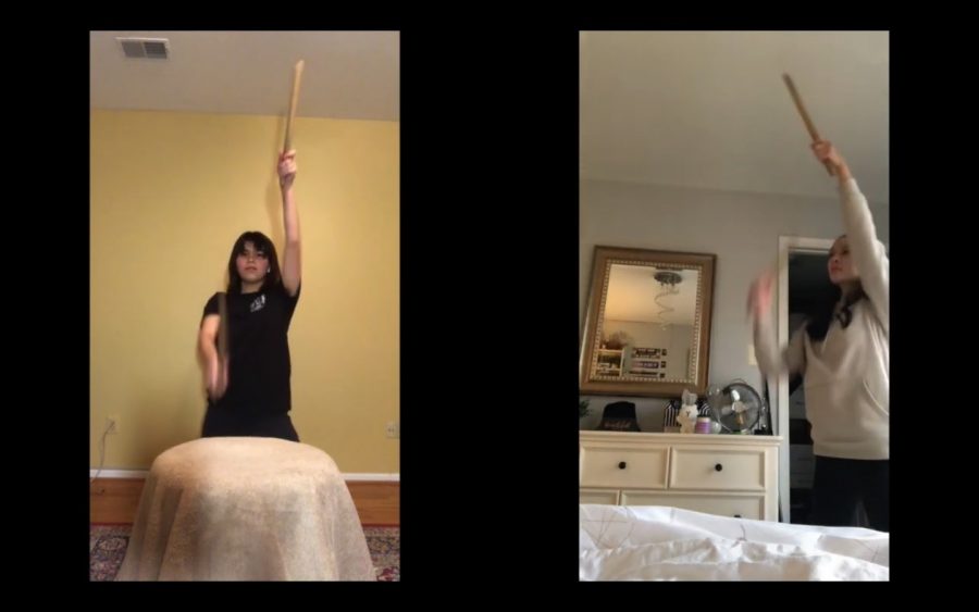 Japanese Culture Club members, senior Alana Nii (left) and junior Alyssa Rask (right), perform the Taiko drums synchronously. “Taiko has been prominent in Japan for centuries,” junior Alyssa Rask said. “It will be fun and educational for people to learn about it.”