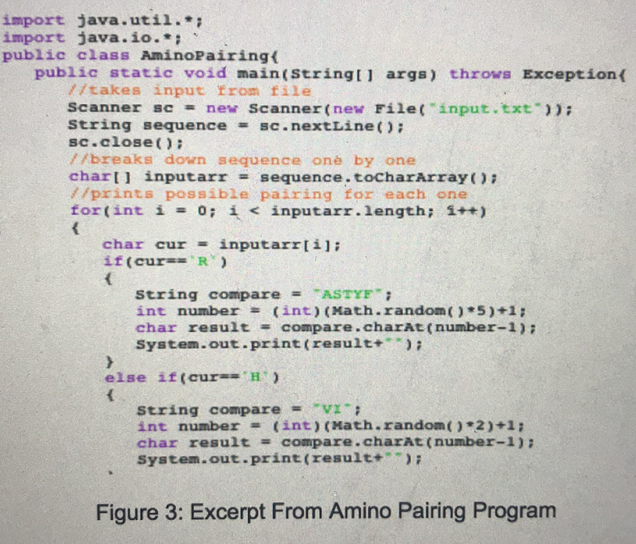 This is an excerpt of sophomore Richa Gupta’s amino pairing code, which creates a sequence of amino acid pairing for any inputted sequence. “We decided to do a project to try and track a protein called cadherin-22, which accumulates in hypoxic cancer tumors,” Gupta said. “So we were trying to bind a fluorescent protein to cadherin-22.”