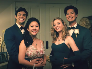 From left to right, Peter (Noah Centineo), Lara Jean (Lana Condor), Chrissy (Madeleine Arthur), and Trevor (Ross Butler) on their senior prom night. 