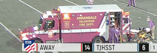 A Centurion player takes a hard fall on his hip in the fourth quarter and is taken away from the game in an ambulance, unable to walk. 