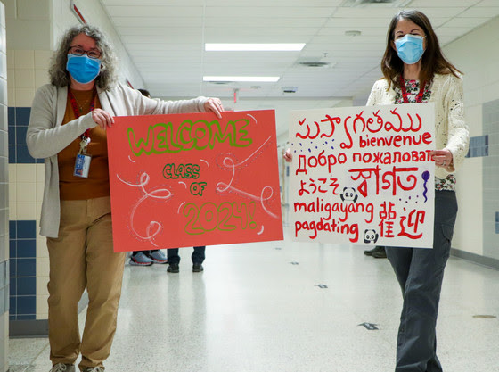 As we drove up to the school and as I walked into the building, parents and staff held signs welcoming seniors and freshmen to Jefferson.