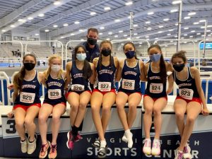 The Jefferson indoor track and field girls team competed at states in a new facility at Virginia Beach; they raced at a time separate from the boys team. “States are always a good experience. Just being with your friends, your teammates—you have a lot of fun,” junior Annika Topchy said.