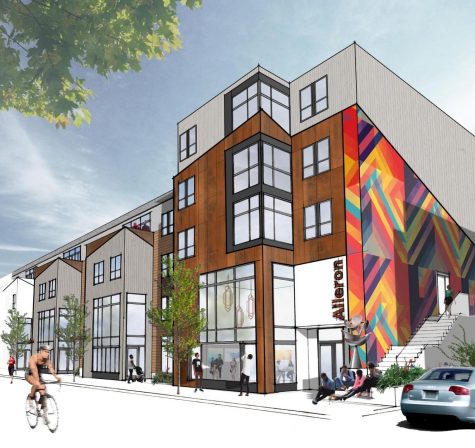 A rendering of a building designed by Gentges (class of 1992) features colorful sides and boxy modern construction.