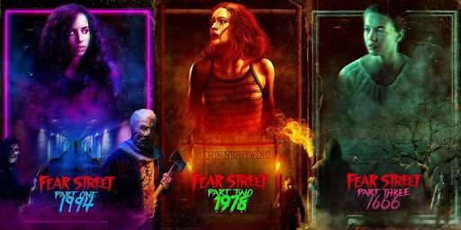 Kiana Madeira, Olivia Scott Welch on the posters of the three “Fear Street” movies.