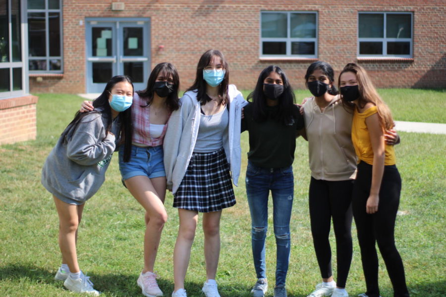 From left to right, sophomores Erin Chen, Yasmin Kudrati-Plummer, Melissa Brown, Ishara Shanmugasundaram, Medha Ghattu, and Zumi Riekse pose for a group photo. I honestly think its just nice to have someone that you can talk to when youre online. Its great to have a group of people or multiple people or one person that you can talk to, that you can send a message and genuinely enjoy talking to them. Yeah, like more than just for class, but to think of and for them to be your friend and talk to them, Riekse said. 
