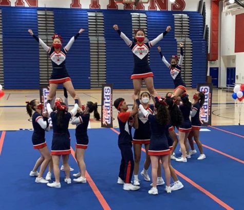 Jeffersons cheer team showcased their routine at the Red, White and Blue Spirit Bash at Alexandria City High School. “We made a lot of last minute changes which made it extra stressful to do, but I think we didn’t do bad and tried our best,” freshman Hasvika Challa said. 