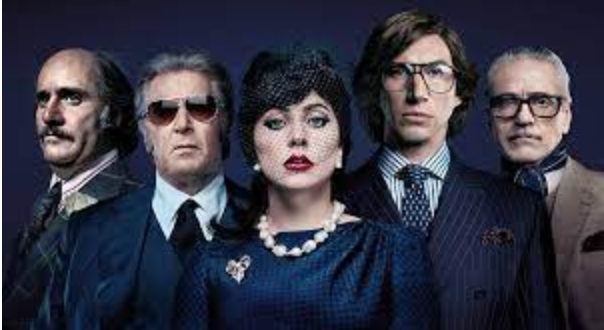 House of Gucci movie poster featuring Al Pacino, Jeremy Irons, Lady Gaga, Adam Driver, and Al Pacino (left to right)