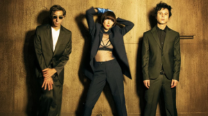 The Yeah Yeah Yeahs (Brian Chase, Karen O, and Nick Zinner, left to right) pose in a promotion for their new album “Cool it Down.”