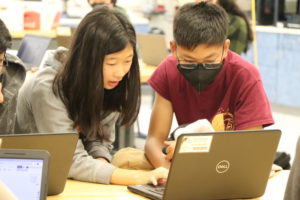 Freshmen Anna Park and Xavier Reyes work together to program an arduino component in Design and Technology. The Naviance class rank hack threatens to disrupt part of the collaborative nature of the school. “There is a reason why FCPS [Fairfax County Public Schools] schools stopped using class rank previously,” assistant principal Cynthia Hawkins said. “Theres a danger in comparison and a danger in ranking.”