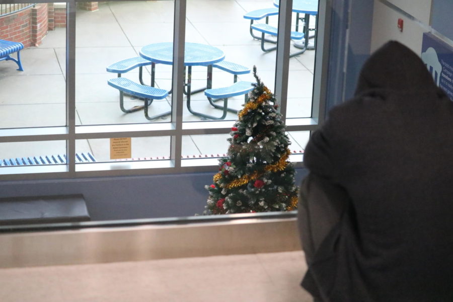 A student dejectedly looks on at the Christmas tree in Nobel Commons before Winter Break. In the past few years, mental wellness has grown as a concern due to events like the pandemic. Jefferson’s administration team (admin) hopes to use student input as a way of tackling this issue. 
