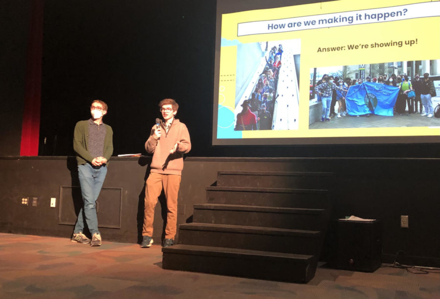 Estan Rodriguez (right) and Liam Carey (left) present at an interest meeting for the Fridays For Future strike. "Considering what our attendance was for ... our interest meeting last year, this was probably three times that," Rodriguez said.