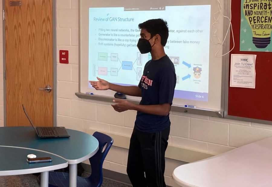 During 8th period, Machine Learning Club captain and senior Sauman Das lectures on generative adversarial networks, a model used in machine learning. “We’re trying to teach more application based machine learning and how to get started with research,” Das said. “We’re also making sure we're talking about current advances in machine learning, like AlphaFold.”