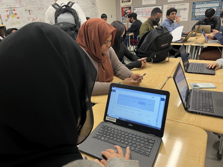 Taking the Social-Emotional Learning (SEL) screener, a student selects an answer to the question “During the past week, how often did you feel worried?” during advisory. “We still need to be mindful of student wellness,” Bonitatibus said. “The teenage years are a time that are fraught with self doubt and challenges. That always needs to be at the forefront, but in a post-pandemic world we know that the repercussions may be felt for several years to come. We can't forget to keep a focus on wellness.” 