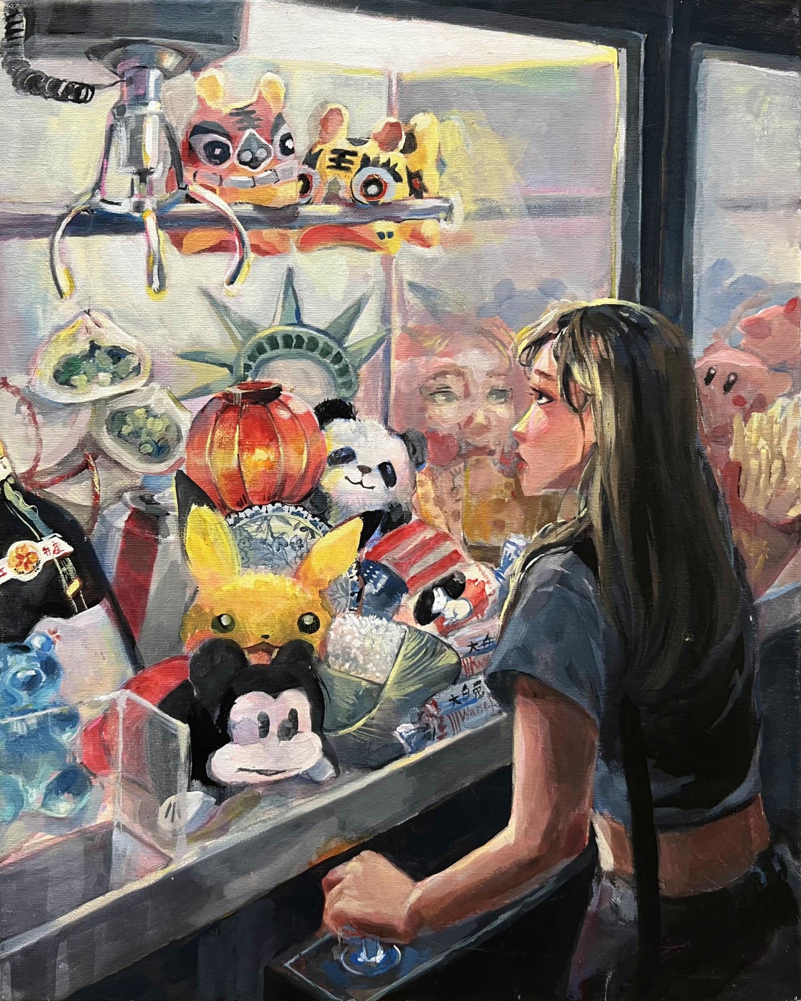 A painting of a girl in front of a claw machine is shown as the basis of man-made art. See how the style of the subsequent photos, generated by two different AI softwares, compare.