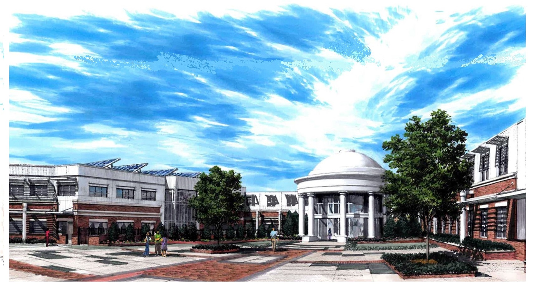 Architectural drawing of TJ during its design phase, which called for a large,
pedestrianized plaza flanking the front of the school. This was later revised as designs changed.
