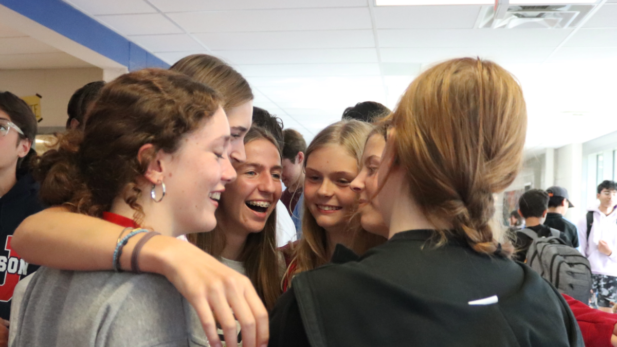 German sophomores Antonia Brandl, Merle Schapke, Merleen von Saint Paul, Marlene Auer and Charlotte Kluska from Klenze Gymnasium high school share a moment during their last day at Jefferson. “Everything was great,” Kluska said. "Everything was cool, but [my favorite experience was] probably just spending time with all the people and having a good time together."