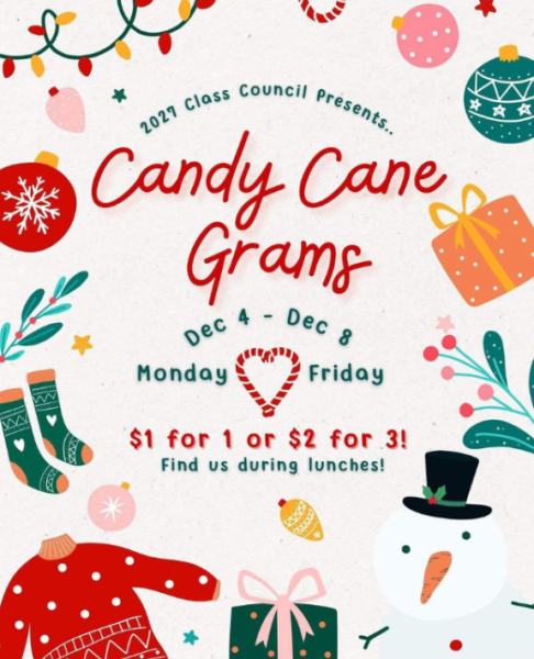Candy grams were sold by Class of 2027 during lunch in various commons throughout the week as a way to get students excited about the holiday break. We chose to do candy cane grams mainly because we wanted to have a fun last two weeks before winter break, freshman Landon Huie said. We enjoyed the idea of spreading a little cheer during these final weeks of 2023.