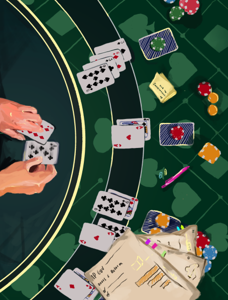 Between hands of online poker, a group of Jefferson students make time for the lesson being taught during class. The issue of gambling during the instructional period has come to afflict several classes across Jefferson.