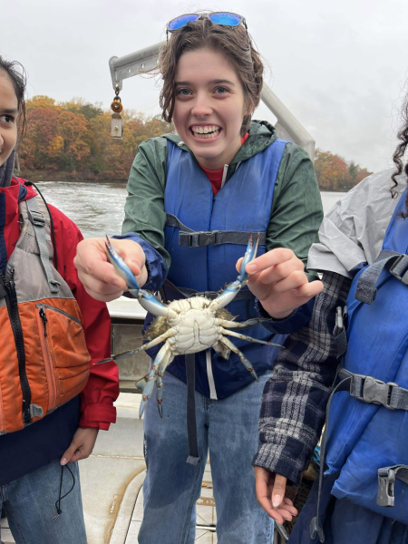 On Nov. 10, as part of the marine field trip, students had the opportunity to visit the Chesapeake Bay and fish from the boat. Holding up the blue crab, junior Ella Tysse was able to identify the male blue crab by its sternum. “It was rare to find a male Blue Crab because it was wintry and they should be starting to settle down now, but it would be rarer if we find a female blue crab because they dont really live near Maryland,” Tysse said.