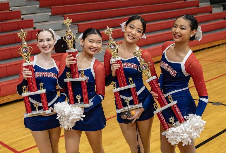 The+Jefferson+dance+team+holds+up+their+trophies+for+the+camera.+They+placed+first+in+kick+and+second+in+lyrical%2C+pom%2C+and+jazz.+%E2%80%9C%5BDance%5D+is+just+really+fun%2C%E2%80%9D+junior+captain+Grace+Xiao+said.+%E2%80%9CThe+community+and+also+%5Bour%5D+coach+are+really+chill.+Captains+have+a+lot+of+flexibility.%E2%80%9D