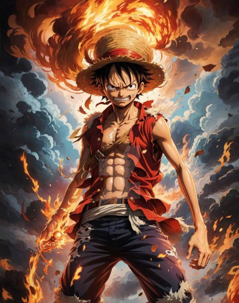 Captured in action, Monkey D. Luffy, the spirited and rubbery protagonist of One Piece, mid Gum Gum Pistol. His determined eyes and stretched arms show the energy of a would-be Pirate King. Get ready to set sail with Luffy’s infectious enthusiasm!