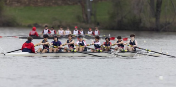 The Men’s 2V boat races in the St. Andrews regatta. “Jefferson crew athletes usually struggle with being smaller and lighter than the competition at other schools, so we have to make up for it by putting extra work into our technique to match other boats,” sophomore rower Rohan Honganoor said.