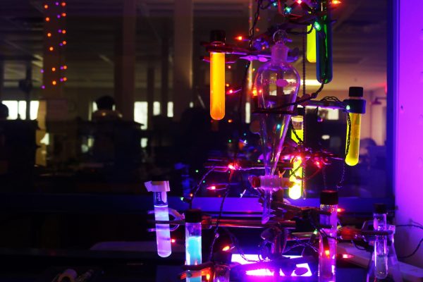 Dressed in Christmas lights for the holidays, the “Chemis-tree” is composed of vials used in the lab. “My ‘Chemis-tree’ is simply a way to celebrate all the seasons and holidays,” Chemical Analysis Lab Director Brian Kennedy said. “Each of the vials is a different fluorescent molecule so they each glow differently under ultraviolet light.”