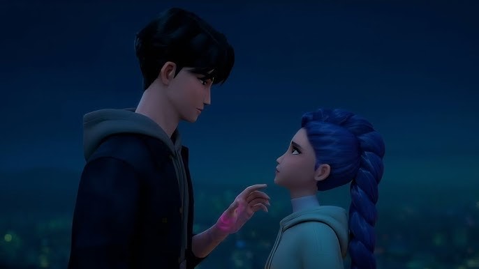 The HUNTR/X singer Rumi (voiced by Arden Cho, singing voice Ejae) holds a relationship with Jinu (Ahn Hyo Seop, singing voice Andrew Choi) over their shared experiences being demons. Although their relationship is not purely romantic, moments like these, modeled after similar K-drama scenes, make the film feel more authentically Korean and nuanced. 