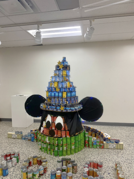 The class of 2026’s final canned food sculpture displayed in the art gallery. Senior Ayesha Gulzar ran class of 2026’s food drive for the past four years. “Seeing everything complete, makes all the hard work feel like it's paid off,” Gulzar said.