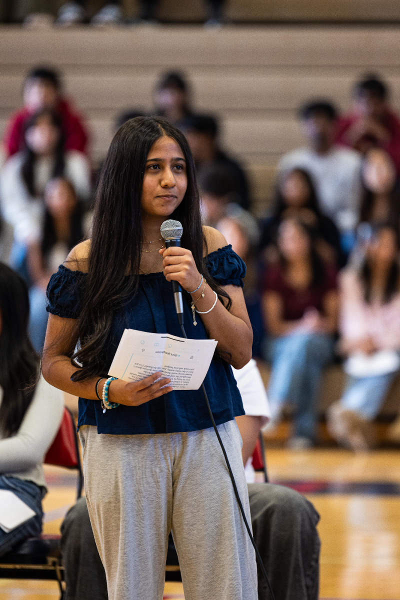 Freshman Raashi Shah gives her speech for treasurer during the freshmen class council election speeches. 